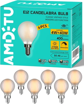 40W E12 Frosted Globe LED Bulbs, 2700K Warm White Dimmable Candelabra Base, Eye- - Image 1 of 4