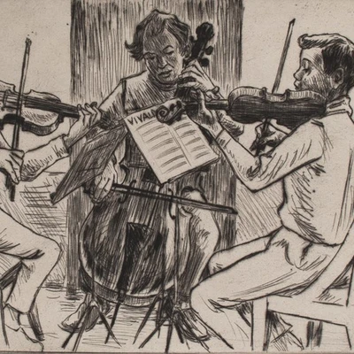 Kinderporträt Musizierende Kinder Streichtrio Musik unsigniert Radierung 20 Jhd - Bild 1 von 3