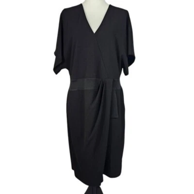 Halston Black Faux Wrap Drape Dress Sz 14 Dolman Sleeves Satin Trim Black Tie - Image 1 of 4