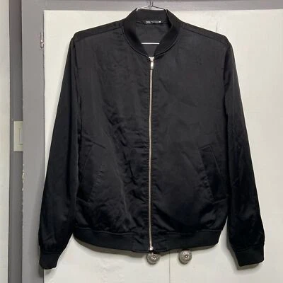Zara Men Satin Black Bomber Light Jacket XL - Image 1 of 4