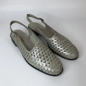 Trotters Women Closed Toe Sandal Size 11N Narrow Woven Leather Silver Slingback - Picture 1 of 11