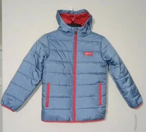 Levi's Logo Boys Puffer Hooded Jacket Blue Denim Look & Red Detail Sz M 10/12 - Picture 1 of 8