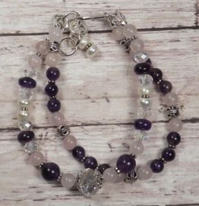 Amethyst Rose Quartz Pearl Crystal Beaded Bracelet Handmade Two Strand New - Picture 1 of 4