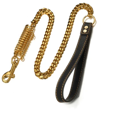  2ft DOG LEASH STAINLESS STEEL CHAIN W/LEATHER HANDLE For Walking Running - Image 1 of 4