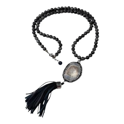 Collar de piedras preciosas Emmis ágata geoda cuarzo druzy cuentas cuero flecos joyería Foto 1 de 4