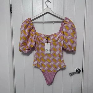 Zara Puff Sleeve Cotton Poplin Smocked Bodysuit Bloggers Fave Holiday Size M NWT - Picture 1 of 13