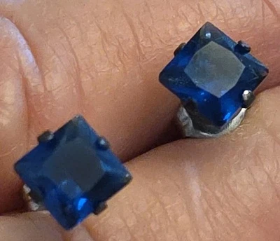 925 Sterling Silver Princess Cut CZ Stud Earrings Sapphire Blue Color - Image 1 of 4