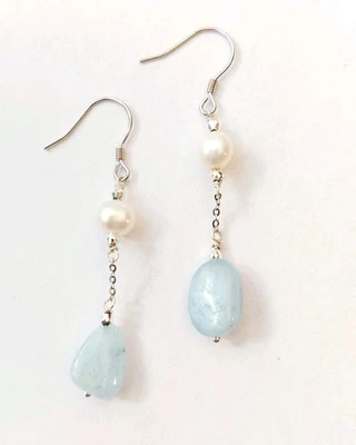 Orecchini pendenti in argento 925 rodiato con perle fw, acquamarina ed ematite  - Immagine 1 di 4