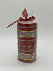 Beautiful Striped Red, Gold and Silver Christmas Candle w/ Jewels by Living Quar - Picture 1 of 4