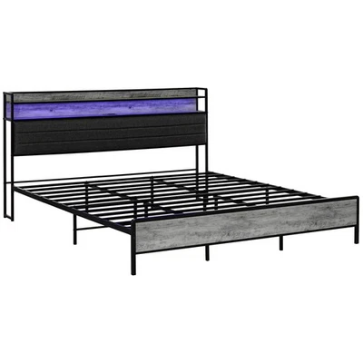 HOMCOM LED King Size Bed Frame with Headboard Charging Station, Cement Gray - Image 1 of 4