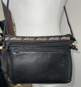 Vintage 90’s Y2K Michiko Kuge Black Leather Cross Body Bag Petit Point Accent Japan - Bild 1 von 13