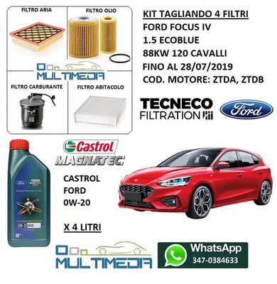 TAGLIANDO 4 FILTRI 4 LT OLIO CASTROL 0W20 FORD FOCUS IV 1.5 ECOBLUE 88KW 120 CV - Immagine 1 di 4