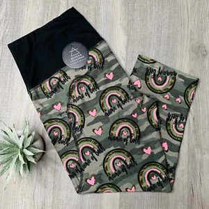 High Waisted Mom of Both Rainbow Heart Camo Print Capri Soft Leggings w/ Pockets - Picture 1 of 8