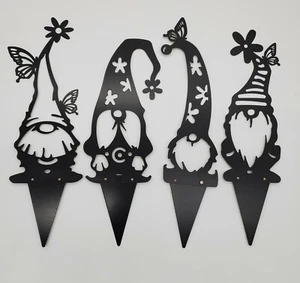 New Set of 4 Metal Garden Gnome Stakes Black Silhouette Decoration - Picture 1 of 3