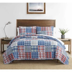 Nautica Quilt Set Full/Queen 3-Piece Reversible Plaid Cotton (100%) in Blue - Picture 1 of 6