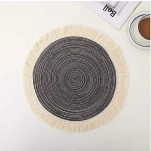 Grey Chic Round Woven Placemats with Tassel Fringe - Set of 4, Cotton Ramie Blen - Picture 1 of 5