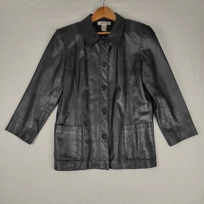 Alfani Womens L 100% Lamb Leather Jacket Black Button Up Pockets - Image 1 of 4