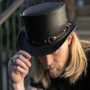 Leather Top Hat SR2 Band hat Steampunk Deadman Biker Top Hat El dorado top Hat - Picture 1 of 5