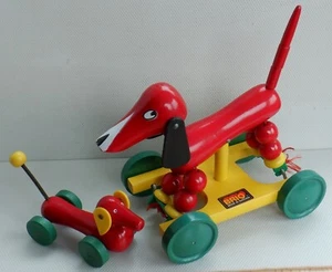 BRIO Vintage Wooden Children's Pull Along Toy Red Sausage Dog & Small Dog Retro - Picture 1 of 21