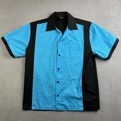 Camisa de Bowling Hilton Para Hombres M Azul Negro Retro Bloques de Color Abotonados Manga Corta Foto 1 de 4