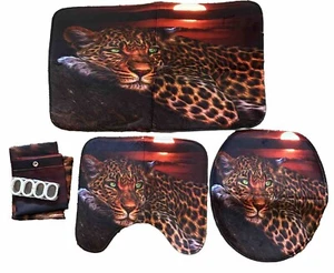 UFFAE 4 Pcs Leopard Cheetah Shower Curtain Set with Rugs Toilet Lid Cover Bat... - Picture 1 of 8