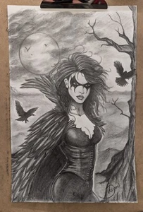 Gótico Sexy Cuervo Bruja Mujer 11x17 Original Lápiz Arte Embrujado Cómic Boceto - Imagen 1 de 1
