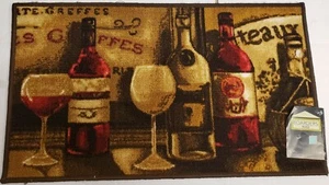 PRINTED NYLON RUG (nonskid)(18"x30") 4 WINE BOTTLES & 2 GLASSES, rect, Borders - Picture 1 of 9
