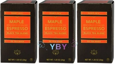 3 paquetes de té negro Trader Joe's Maple Espresso 20 bolsas de té 1,2 oz cada paquete = 60 quilates Foto 1 de 3