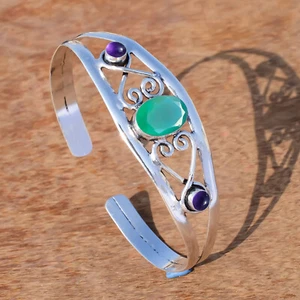 Green Onyx & Amethyst Gemstone 925 Sterling Silver Cuff Bangle Special Day Gift - Picture 1 of 5