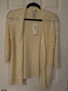 Chico’s Women's Size 1 Cardigan Sweater Beautiful NWT Ivory Sequin Button Knit - Picture 1 of 5