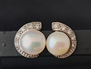 Sterling Silver Swirled Crystal White Faux Pearl Post Earrings Marked - Picture 1 of 6