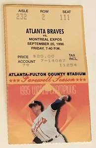 Boleto de los Atlanta Braves vs. Montreal Expos 20 de septiembre de 1996 20/09/96 - Imagen 1 de 3