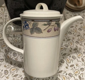 Mikasa INTAGLIO Garden Harvest COFFEE POT 8” Tall Teapot EUC Fruit Berries Olive - Picture 1 of 6