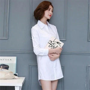 Lady Cotton OL Shirt Lapel Collar Long Sleeve Button Down Work Top Blouse White - Picture 1 of 8