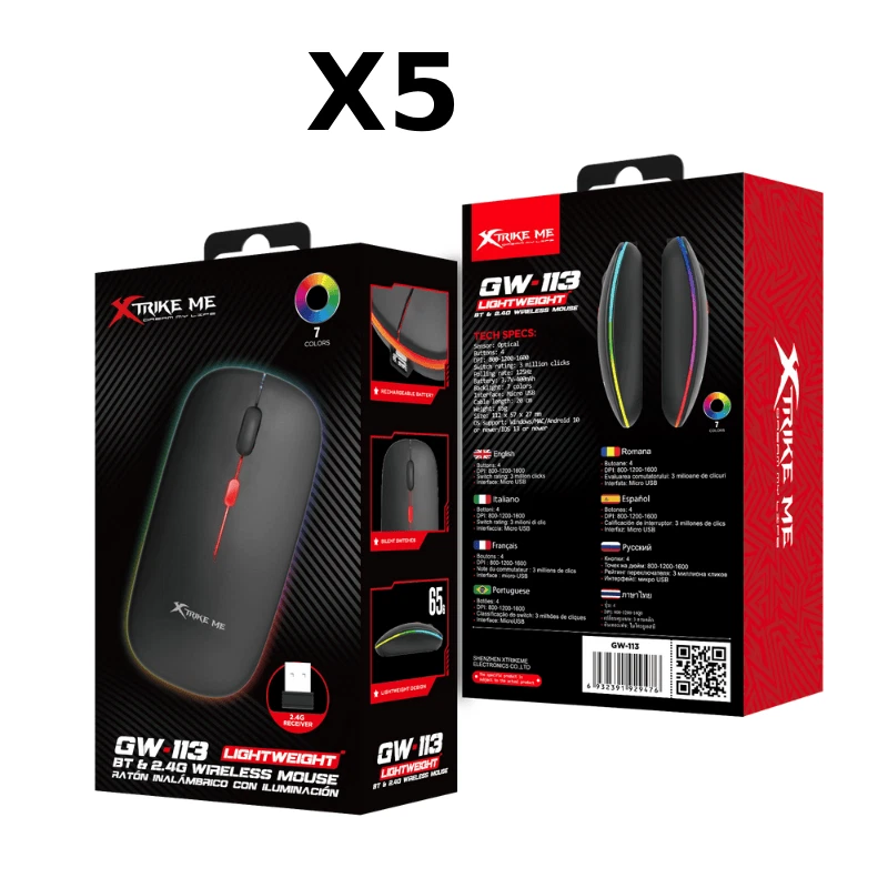 Job Lot 5× XTrike Me GW-113 Wireless Mouse Dual-Mode RGB Silent 800-1600 DPI - Image 1 of 4