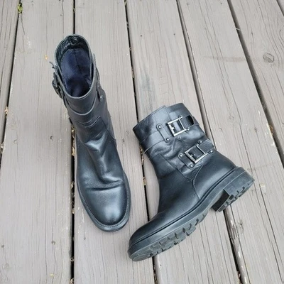 Botas de combate Aquatalia resistentes a la intemperie de cuero negro con doble hebilla correa para motociclista Foto 1 de 4