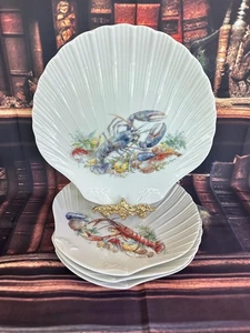 Vintage Limoges Scallop Shell Plates: Hand-Painted Lobster Motif, Set of 4 - Picture 1 of 4