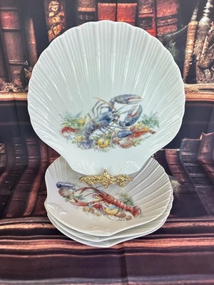 Platos de concha de vieira Limoges vintage: motivo de langosta pintado a mano, juego de 4 Foto 1 de 4