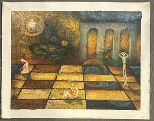 Hand-Painted Oil Painting on Canvas Paper 15x19. "The Surreal Chessboard" - Picture 1 of 1