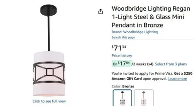 Mini colgante Woodbridge Lighting Regan de 1 luz de acero y vidrio en bronce Foto 1 de 4