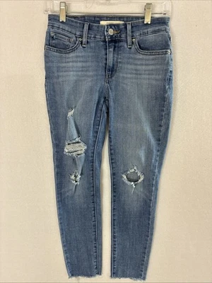 Levis Womens 711 Skinny Jeans Size 25 Blue Denim Distressed Raw Hem Crop - Image 1 of 4