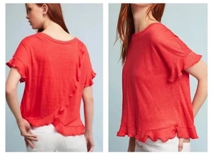 ANTHROPOLOGIE Eri + Ali Linen Ruffled Wrapped Cross Back Coral Red Top S Small - Bild 1 von 4