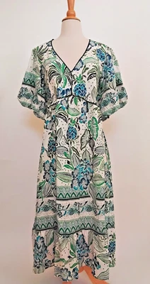 全新带标签 Anthropologie FIG & FLOWER 波西米亚 Midi Maxi 连衣裙 尺寸 M 亚麻人造丝 花卉 蓝色 — 第 1/4 张图片