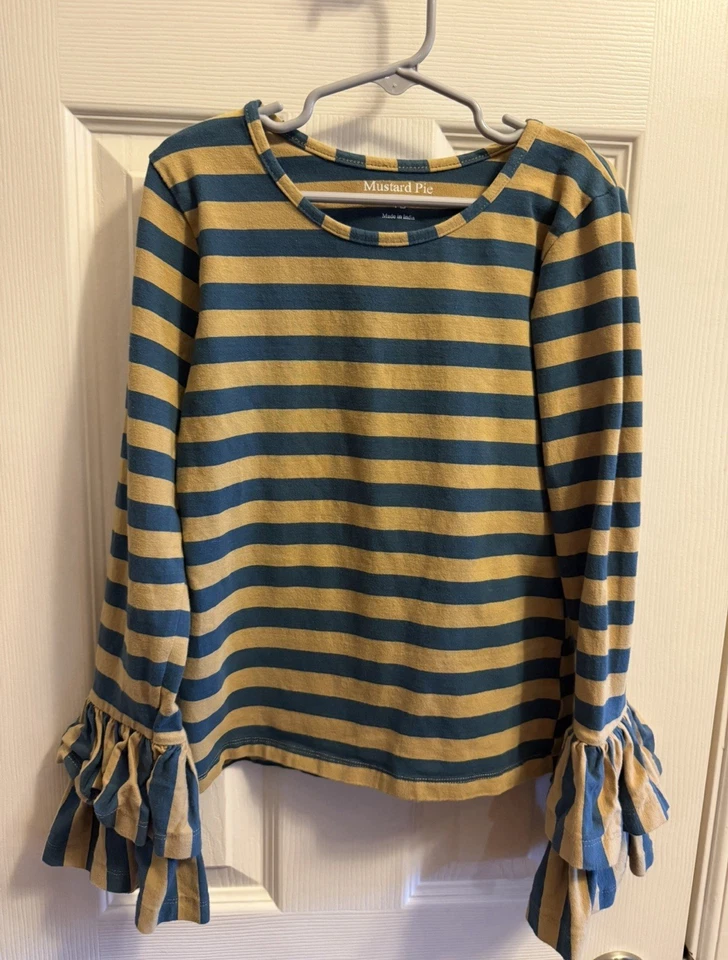 Top Mostaza Pie Niñas Rayas Volantes Manga Talla 10 Azul Mostaza Otoño Foto 1 de 2