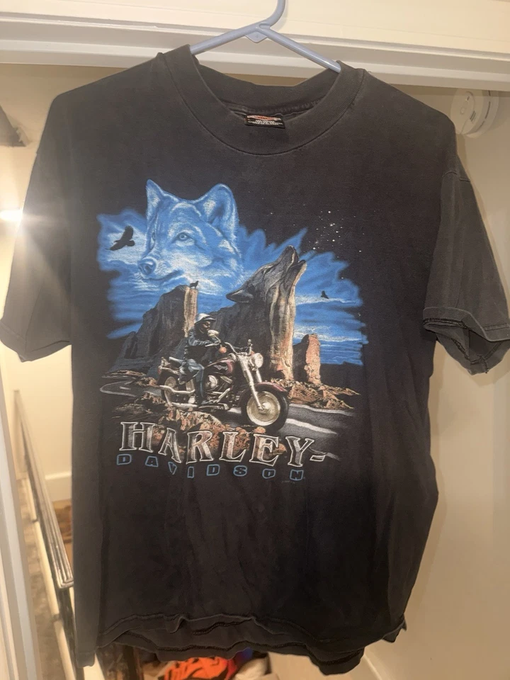 Vintage 90s Harley Davidson Wolf Western T Shirt Sz L Distressed - Image 1 of 4