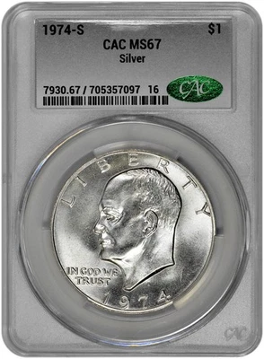 1974 S $1 dólar prata Ike Eisenhower classificação CAC MS 67 em novo suporte - Imagem 1 de 2