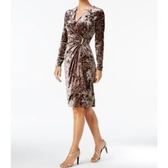 Calvin Klein Brown Crushed Velvet Ruched Cocktail Party Holiday Dress Size 8 - Image 1 of 4