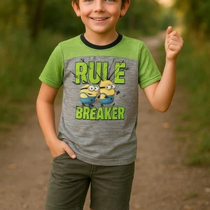 Camicia Cattivissimo Me Ragazzo Taglia S 6-7 Grigio Lime Rule Breaker Minions Manica Corta - Foto 1 di 5