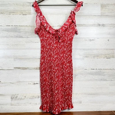Japna Floral Mini Dress Smocked Ruffle Trim Tie Front Sleeveless Red Summer Sz M - Image 1 of 4