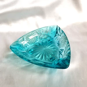 Posacenere/piatto bigiotteria triangolare vintage Hazel Atlas Aqua Blue Starburst Girandola - Foto 1 di 11
